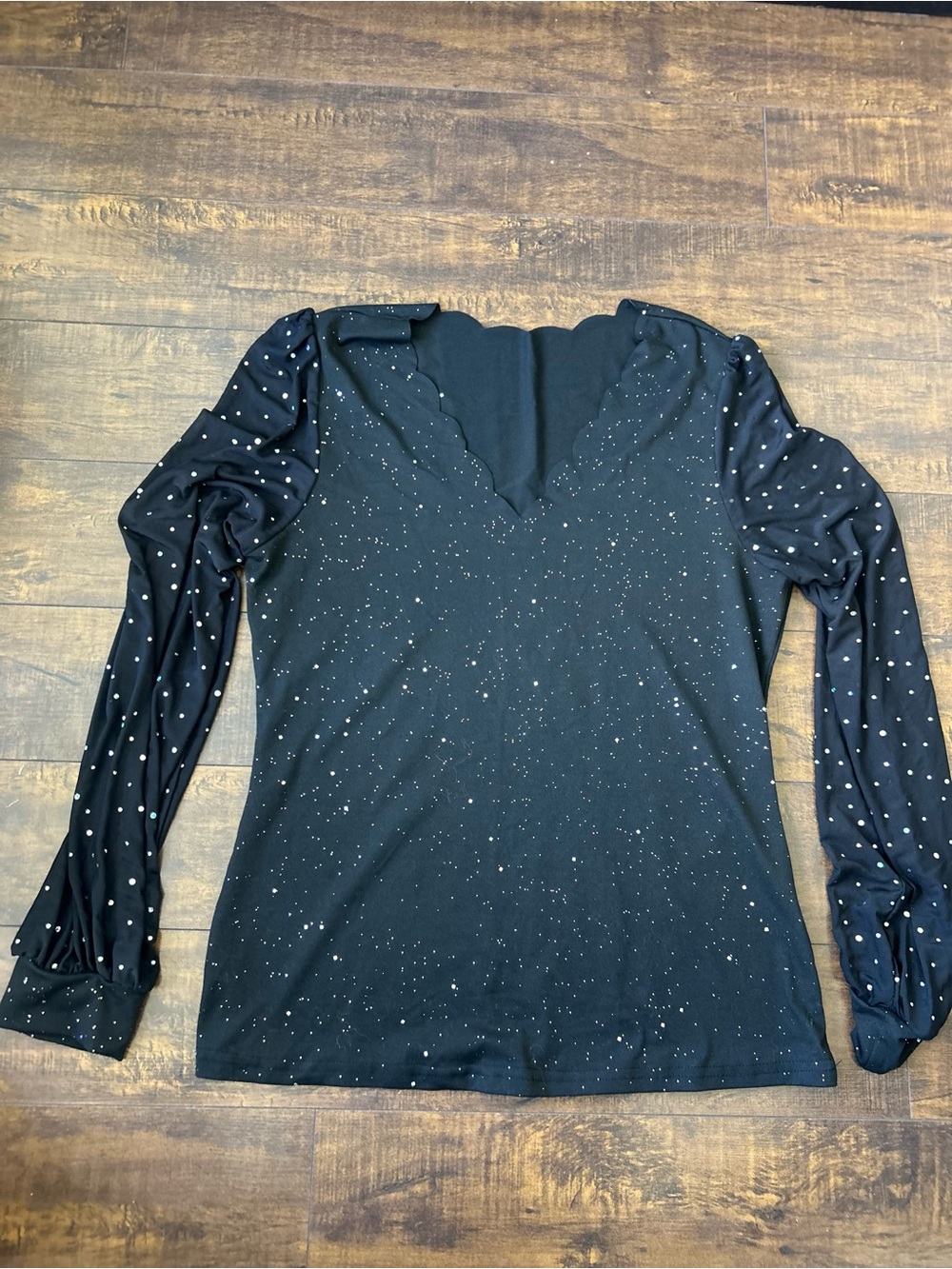 SHEIN Black Long Sleeve V-Neck Top with Metallic Dot Accents